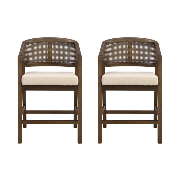 English Elm Wooden Rubberwood Counter Stools with Woven Rattan Back Mid Century Set of Two Beige,Walnut N771P257313T