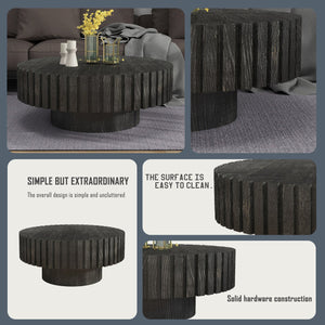 English Elm Modern Circular Black Coffee Table, 31.4-Inch Natural Wood Design For Living, Study & Dining Rooms W1727P251153