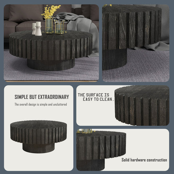 English Elm Modern Circular Black Coffee Table, 31.4-Inch Natural Wood Design For Living, Study & Dining Rooms W1727P251153