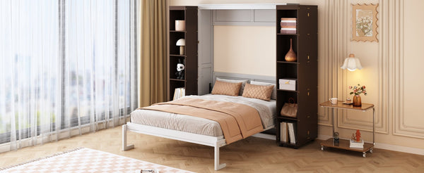 English Elm Queen Murphy Wall Bed with Hydraulic Lift and Push Pull Cabinet Storage Unit Espresso LP000381AAP