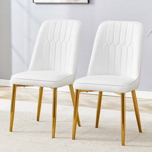 English Elm 2 Modern Dining Chairs White Gold PU Cushion Ergonomic Curved Back Metal Legs Adjustable Pads W1151P250114