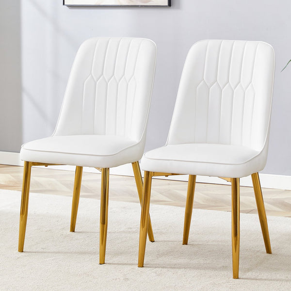 English Elm 2 Modern Dining Chairs White Gold PU Cushion Ergonomic Curved Back Metal Legs Adjustable Pads W1151P250114