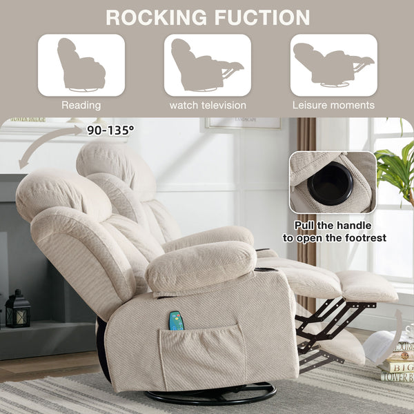 English Elm Swinging lounge chair 360° rotating heated massage sofa with USB, 8-point heat, cup holders, beige W1521S00061