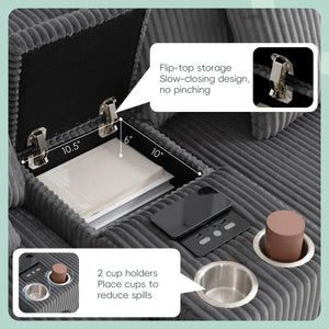 English Elm 112*64'' Corduroy Sectional Sofa with Bluetooth Speakers, L-Shaped Modular Couch w/Console,USB Charger,Storage & Ottoman,Deep Wide Seats for Living Room N723S1756E