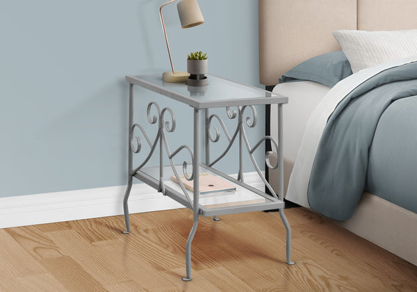 English Elm Accent Table Elegant Scroll Metal Frame with Two Tempered Glass Surfaces for Living Room Décor, Versatile End Nightstand 24x12x22 inches Silver 26 L x 26 W x 5 H B2710P219192