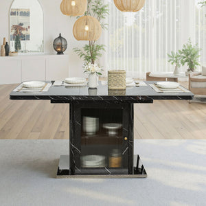 English Elm 47.24"-63"Modern Rectangle Dining Table with Extendable Top, Printed Marble Look, Sturdy Steel Base & Storage Black W757P331963