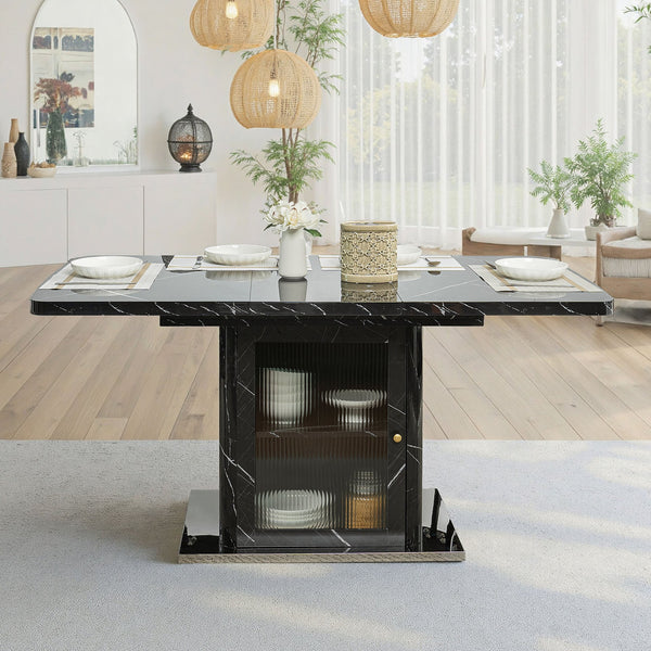 English Elm 47.24"-63"Modern Rectangle Dining Table with Extendable Top, Printed Marble Look, Sturdy Steel Base & Storage Black W757P331963