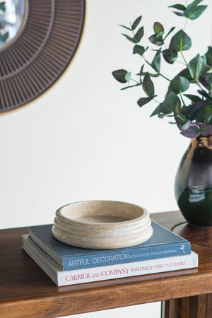 English Elm D8.5x2" Cream Marble Bowl with Ribbed Round Silhouette, Organic Modern Accent for Fruit & Decor W2078P359372