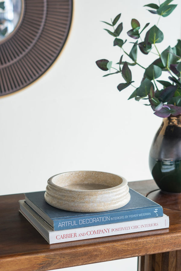 English Elm D8.5x2" Cream Marble Bowl with Ribbed Round Silhouette, Organic Modern Accent for Fruit & Decor W2078P359372