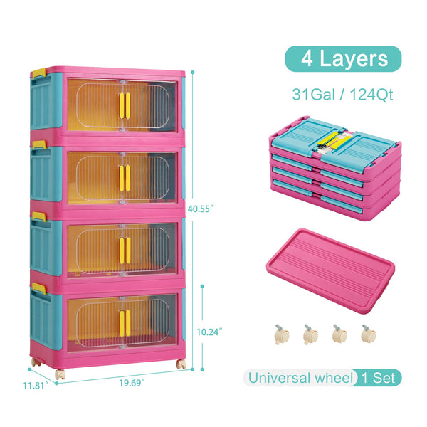 English Elm Happy 20" Side Wide Folding Storage Cabinet with 5 Tiers, Wheels, Magnetic Door, Durable PP Design Blue+Pink W2873P279883