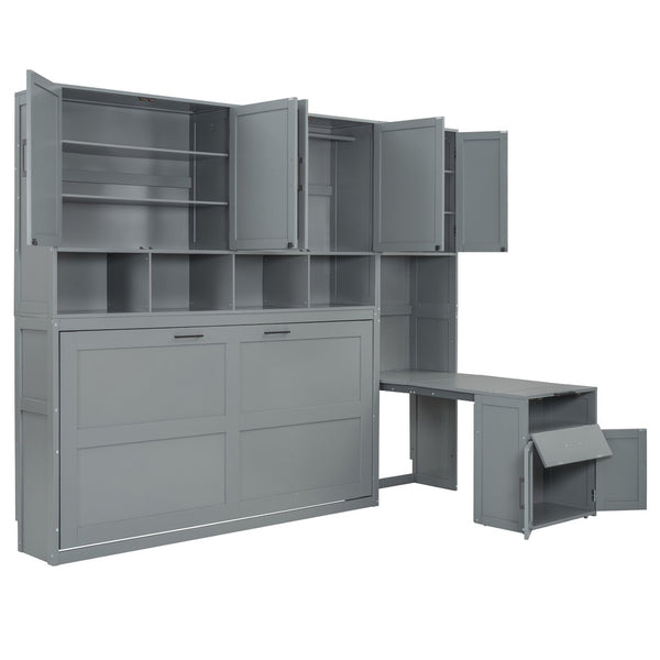 English Elm Twin Murphy Wall Bed with Integrated Closet Drawers and Desk for Studio Spaces Gray LP000595AAE-1