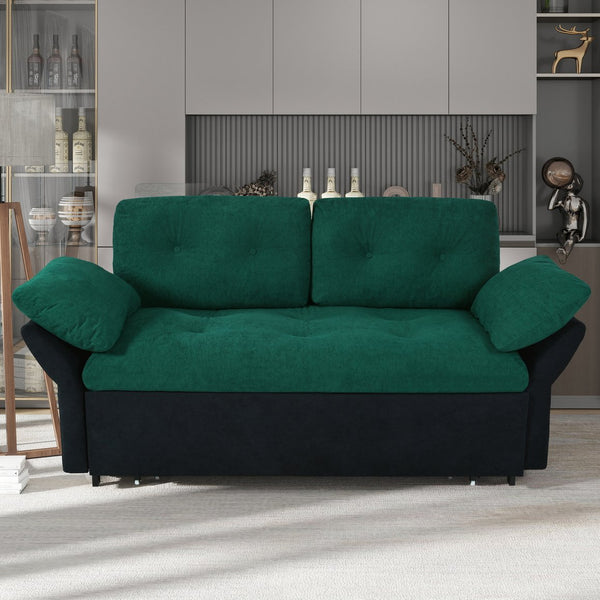 English Elm Convertible Pull Out Sofa Bed Queen Size with Steel Frame, Dual Armrests, Chenille Sleeper Couch with Storage and Casters Black+Green W3163P269679