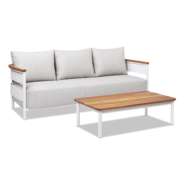 English Elm Jennifer Taylor Home - Rhodes 2pc Teak & Aluminum Outdoor Sofa Set with Coffee Table, Gray Chenille Cushions, Weather-Resistant Elegance B2719P321038