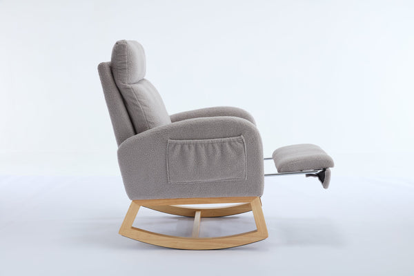 English Elm 015B-Teddy Rocking Chair with Plush Teddy Fabric, Ergonomic High Back, Adjustable Footstool, Pocket Light Gray W527P360696