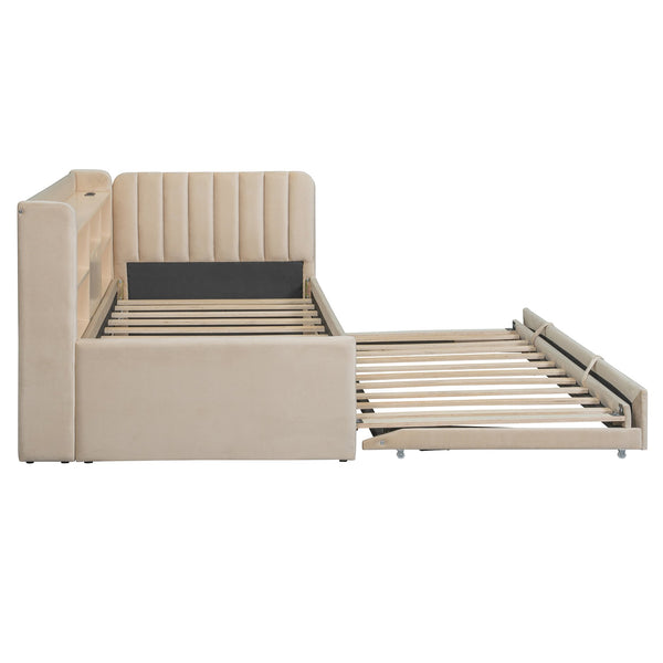 English Elm Twin Upholstered Daybed with Pull-Up Trundle, Velvet High Back with Shelves, Flip Storage & USB Beige SF000194AAA