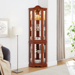 English Elm Corner Curio Display Cabinet with Mirrored Back, Interior Lighting, Adjustable Glass Shelves, Elegant Finish Walnut W1693P171662