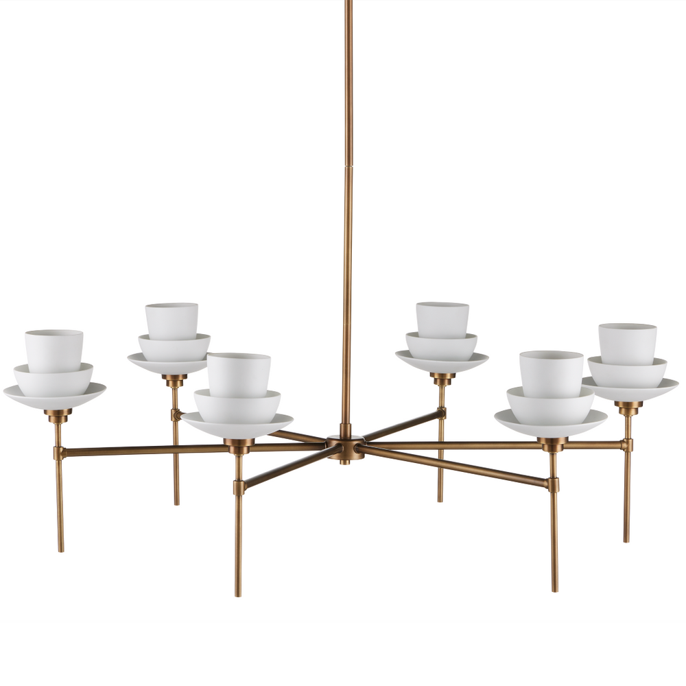 Etiquette Chandelier - Mid-Century Modern Antique Brass Fixture with Bone China Cups & Adjustable Design