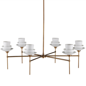 Etiquette Chandelier - Mid-Century Modern Antique Brass Fixture with Bone China Cups & Adjustable Design