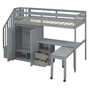 English Elm Queen Murphy Bed with Integrated Desk Cabinet Shelves Space Saving Studio Solution Gray N708S00013E