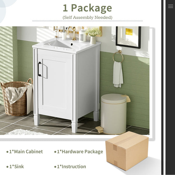 English Elm 20" Modern Bathroom Vanity with Ceramic Sink, Soft-Close Door, U-Shaped Adjustable Shelf & Door Storage Rack for Small Spaces N729P299364K