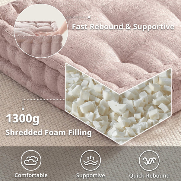 JLA Home Intelligent Design - Poly Chenille Square Floor Pillow Cushion with Tufted Scalloped Edge, OEKO-TEX Soft Plush Support Blush ID31-2467