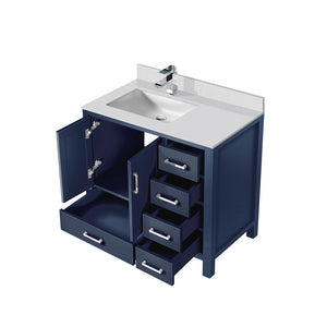 English Elm Navy 36" Bath Vanity with Left White Quartz Top, Soft-Close Drawers, Chrome Faucet, Ample Storage B2731P259055