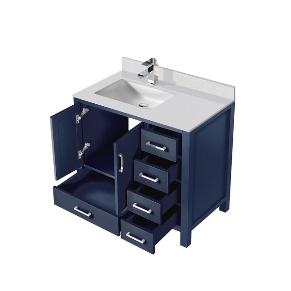 English Elm Navy 36" Bath Vanity with Left White Quartz Top, Soft-Close Drawers, Chrome Faucet, Ample Storage B2731P259055