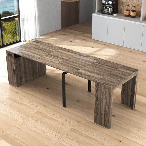 English Elm Modern Expandable Dining Table with Built-In Outlet, 5-Panel Extendable Space-Saving Design for Gatherings Brown W331S00192
