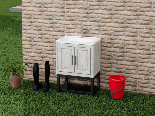 English Elm 24" Modern Bathroom Vanity with White Ceramic Sink, Textured Faucet, Adjustable Feet & Shelf — Sleek Storage Cabinet W688P224402