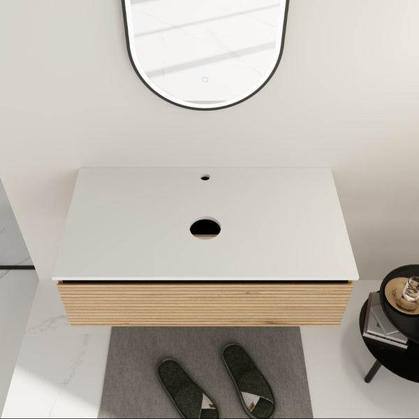 English Elm 36'' Floating Wall Mounted Bathroom Vanity Plywood Build with Soft Close Drawer W999P285411