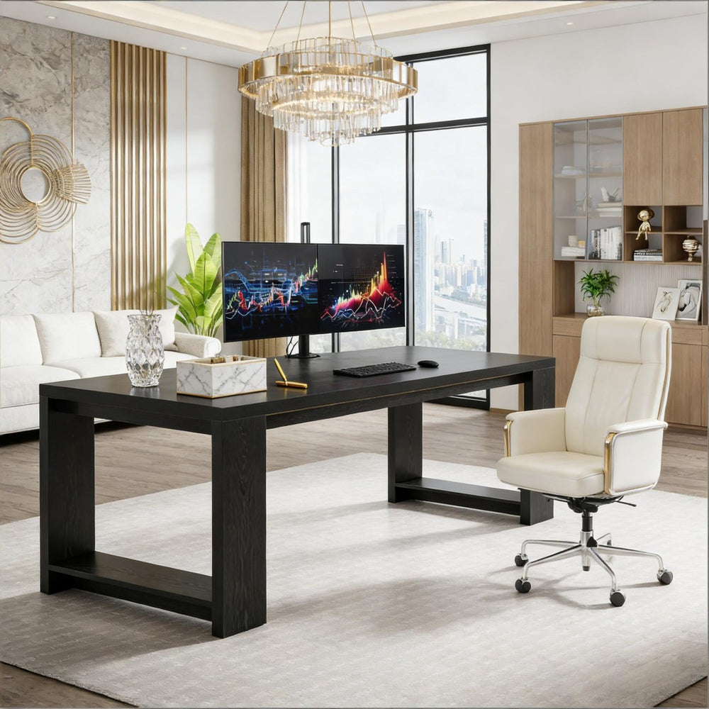 English Elm Work Desk for Two with 86 Inch Natural Wood Mdf Surface Dual Monitor Home Office T3971P458044
