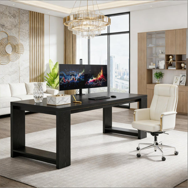 English Elm Work Desk for Two with 86 Inch Natural Wood Mdf Surface Dual Monitor Home Office T3971P458044