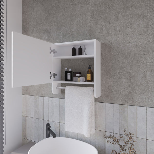 English Elm Pine Mirrored Medicine Cabinet with Towel Bar and Two Shelves — Wall-Mounted Bathroom Storage Unit White 20.3 L x 18.3 W x 2.4 H B128P237172
