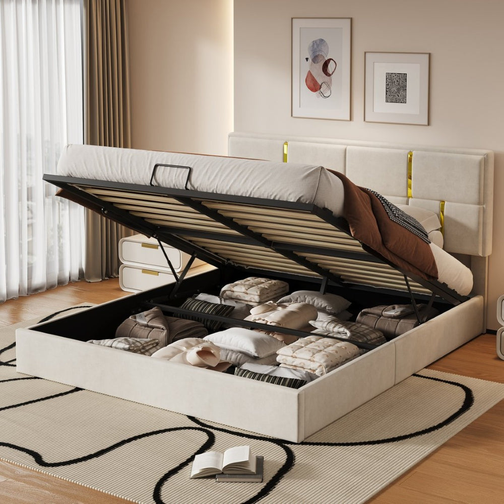 English Elm Queen Upholstered Storage Bed Gas Lift Platform with Gold Trim Pu Headboard N733S362241A