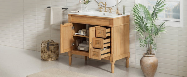 English Elm 36" Freestanding Bathroom Vanity Solid Wood Cabinet with Ceramic Sink and Soft Close Storage N729P300165N