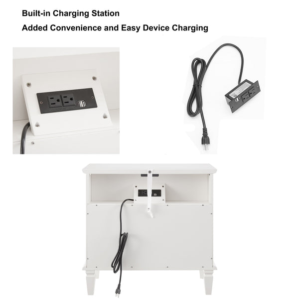 English Elm Open Dresser Nightstand with Charging Station and Open Shelf, 2 Drawers, Solid Wood Legs, Farmhouse Appeal White W1693P216932