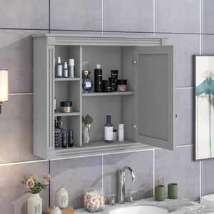English Elm 35'' Modern Medicine Cabinet with Mirror and Towel Rod, MDF Wall-Mounted Bathroom Storage with Adjustable Shelves and Soft-Close Hinges Grey WF305081AAE