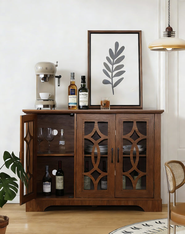 English Elm 48.66" Wide Tempered Glass Door Buffet Sideboard with Adjustable Shelves Dark Finish Dark Oak W2899P372745