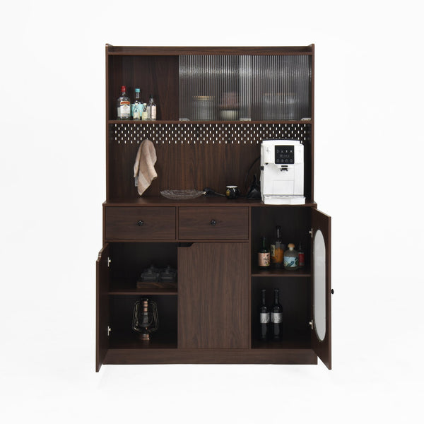 English Elm 71"Tall Walnut Kitchen Pantry Cabinet with Reeded Glass Doors, Microwave Stand, Pegboard Hooks, Large Storage W409P171380