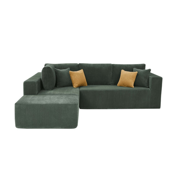 English Elm Full Corduroy Upholstered L-shaped Sectional with Moveable Ottoman Ready to Use Dark Green B2748S00051