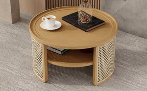 English Elm 2-Tiered Round Natural Wood Coffee Table with Rattan Storage Shelf, Thick Top, Curved Edge Design 31.3" N735P185131N