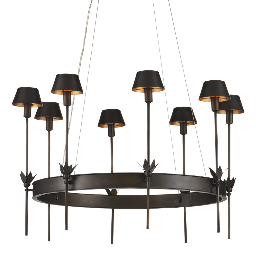 Coterie Bronze Chandelier: Elegant Wrought Iron Design with Warm Gold Shades & Adjustable Height Features