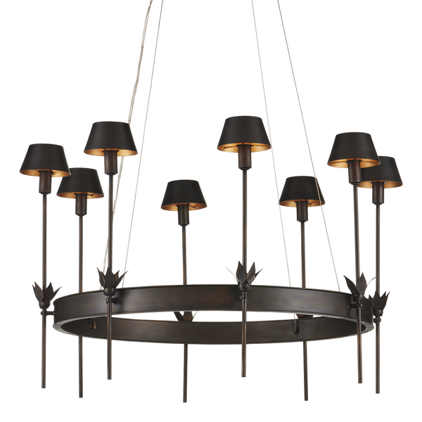 Coterie Bronze Chandelier: Elegant Wrought Iron Design with Warm Gold Shades & Adjustable Height Features
