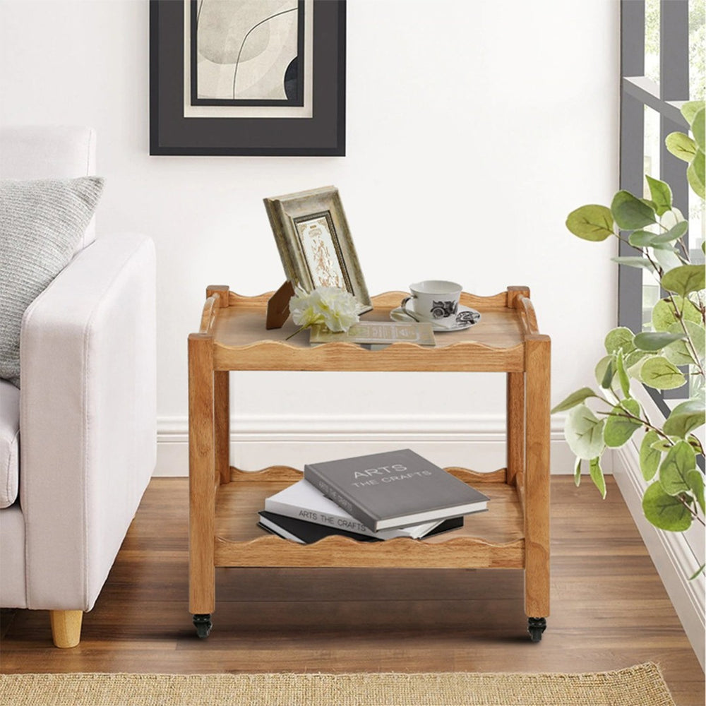English Elm Solid Rubberwood Two Tier Rolling Table with Locking Casters for Modern Living W3040P455688