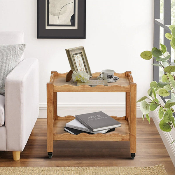 English Elm Solid Rubberwood Two Tier Rolling Table with Locking Casters for Modern Living W3040P455688