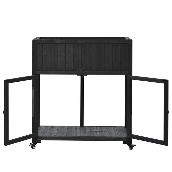 English Elm TOPMAX Mini Cold Frame Greenhouse with Fir Wood, Polycarbonate Doors, Raised Bed & Removable Wheels Black N717P229026B