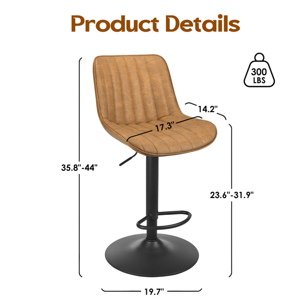 English Elm Bar Stools Set Of 2 - Stylish Swivel Adjustable Height Chairs In Brown Pu Leather For Kitchen & Bar T3623P363863
