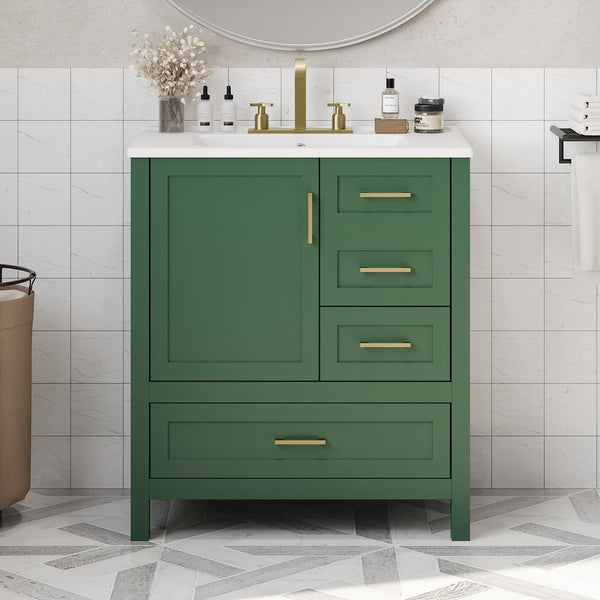 English Elm 30" Green Modern Bathroom Vanity with Ceramic Sink, Solid Wood Frame, Soft-Close Doors & Drawers N729P177787F