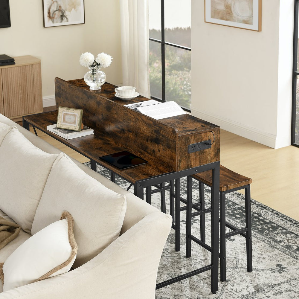 English Elm 59 Modern 59" Bar Table Set with LED Multicolor Lights, Built-In Power Socket & 3 Stools, Sturdy Brown W2972P313231