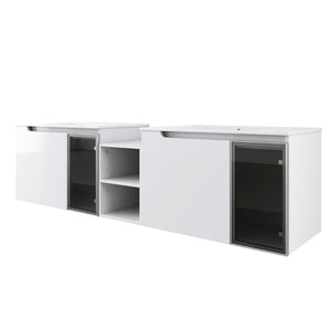 English Elm 72" Floating Double Bathroom Vanity Plywood Cabinet Ceramic Sinks Soft Close Doors W999S00533